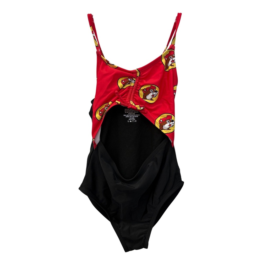 Buc-ee's Kids Girls Red Black Logo Print Cutout One Piece Swimsuit Size YM